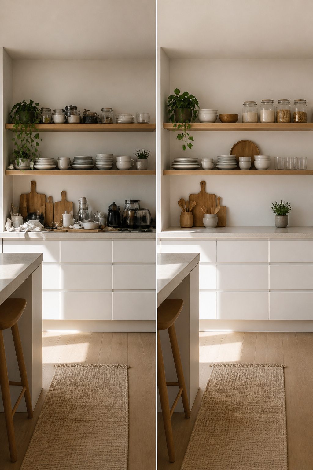 A Scandinavian kitchen with neatly organized open shelves.