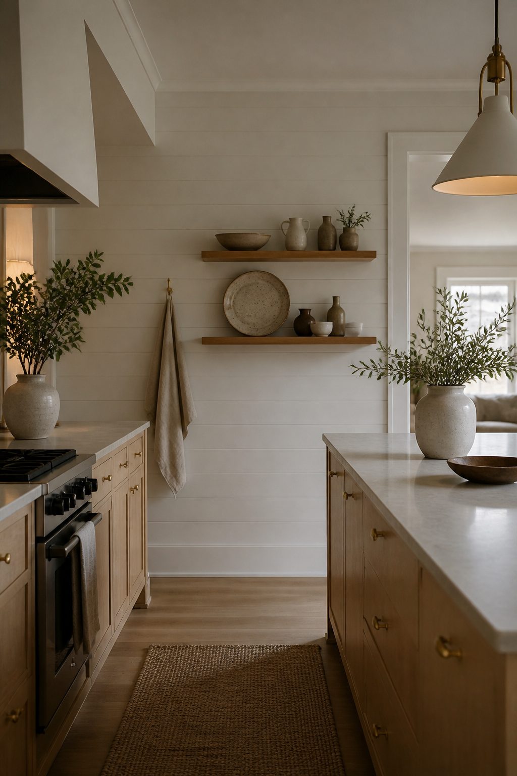 A Scandinavian kitchen with decorative ceramics and a linen towel.