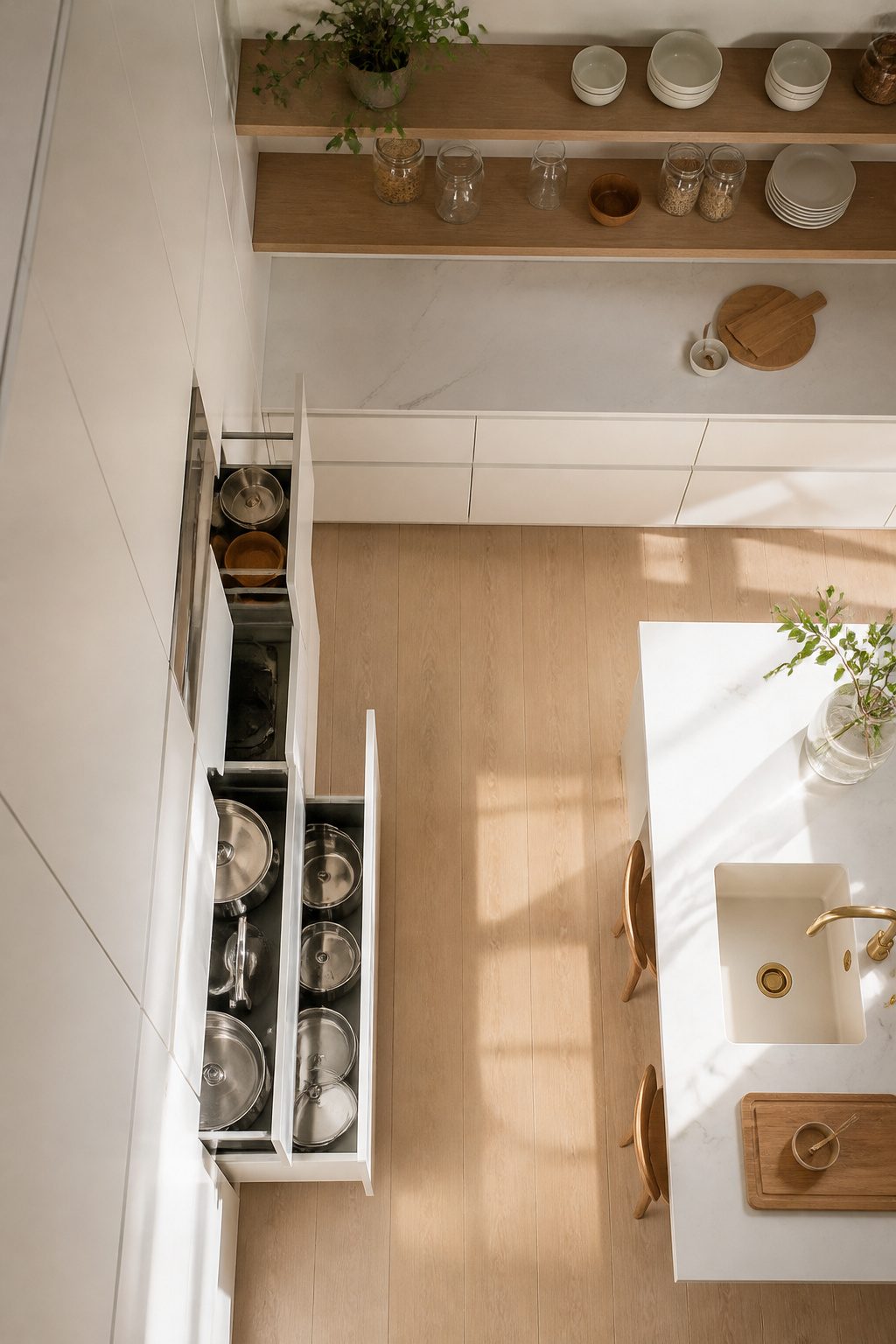 A Scandinavian kitchen with a mix of closed cabinets and open shelving.