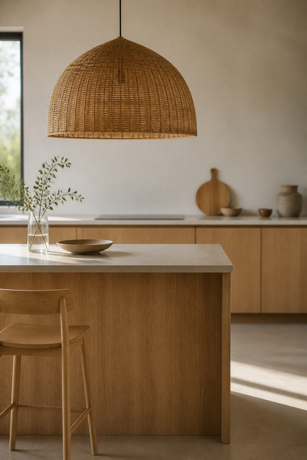 A Scandinavian kitchen with a single large pendant light over the island.