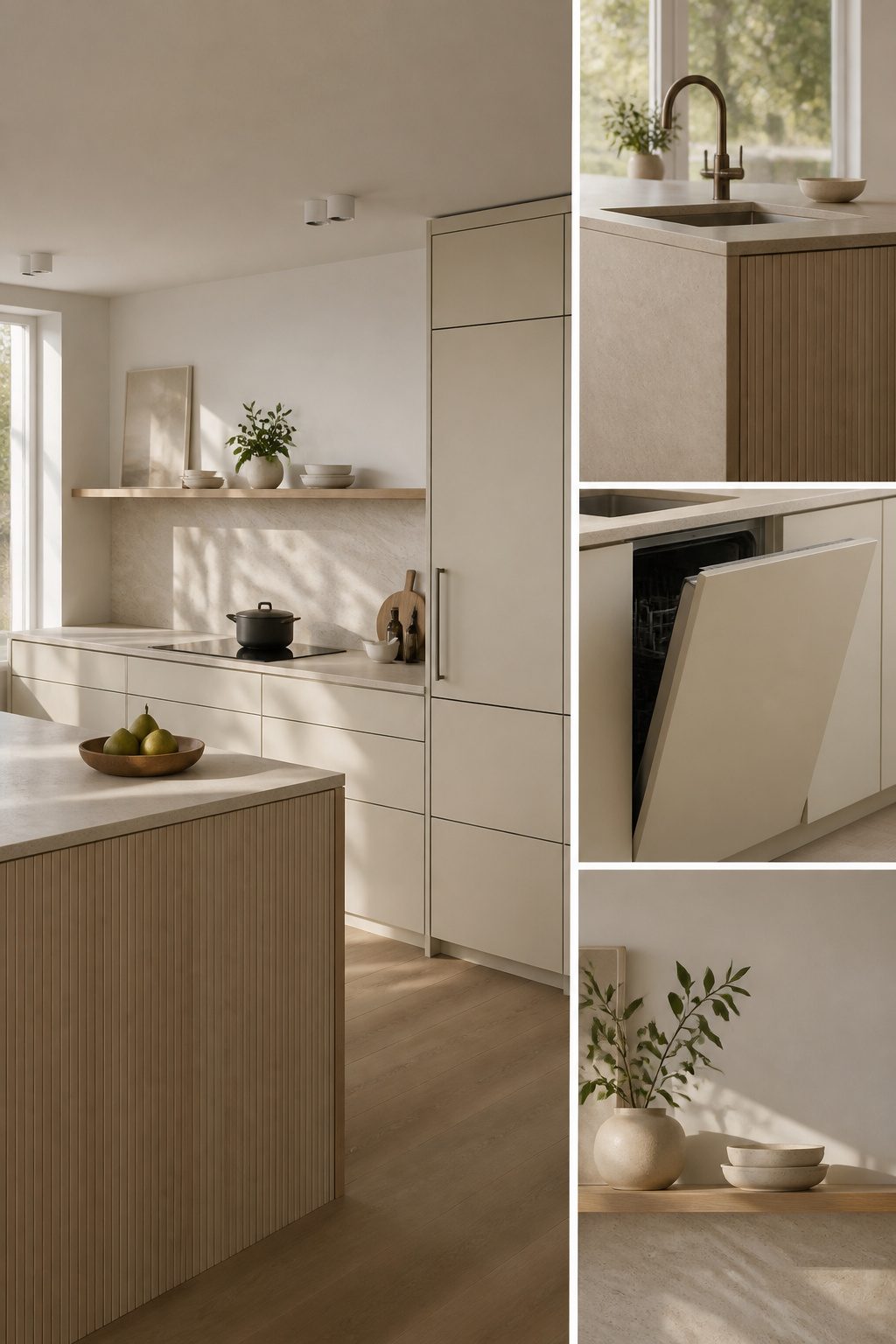A Scandinavian kitchen with panel-ready appliances and minimalist design.