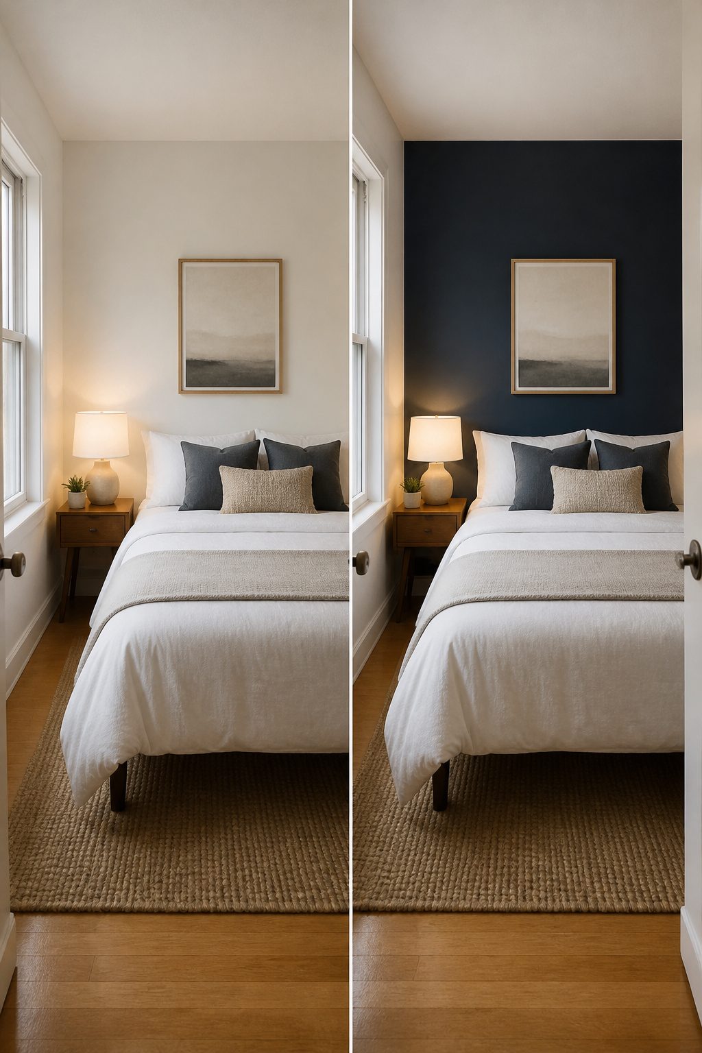 A painted accent wall behind a bed in a small bedroom.