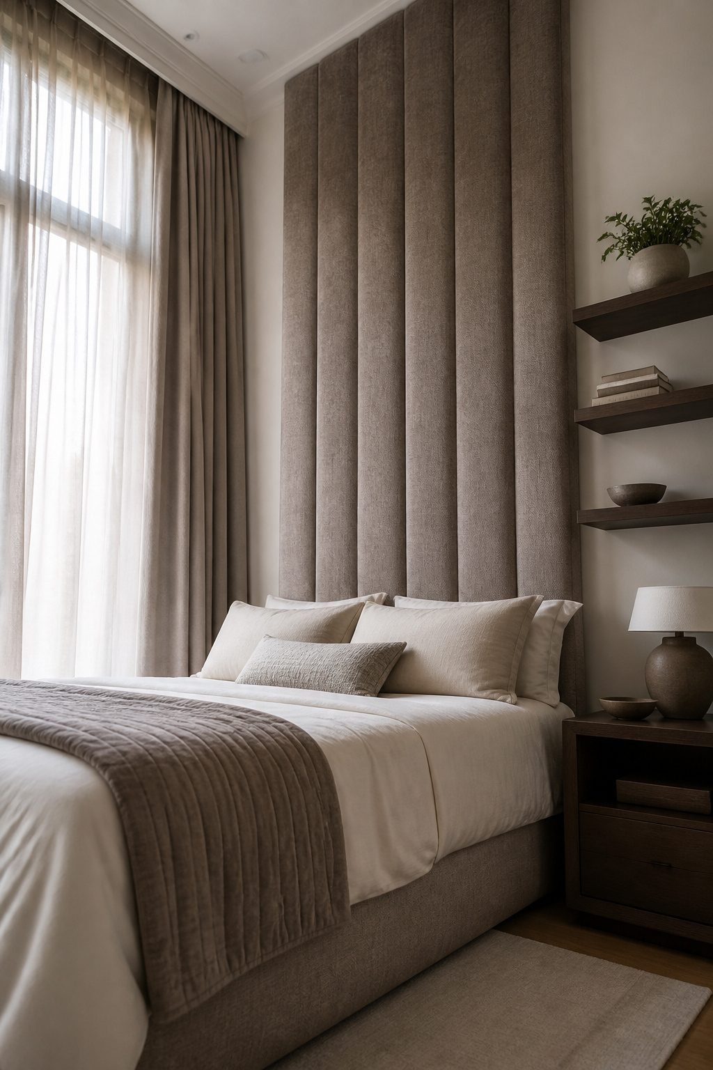 Floor-length curtains mounted above a window in a small bedroom.
