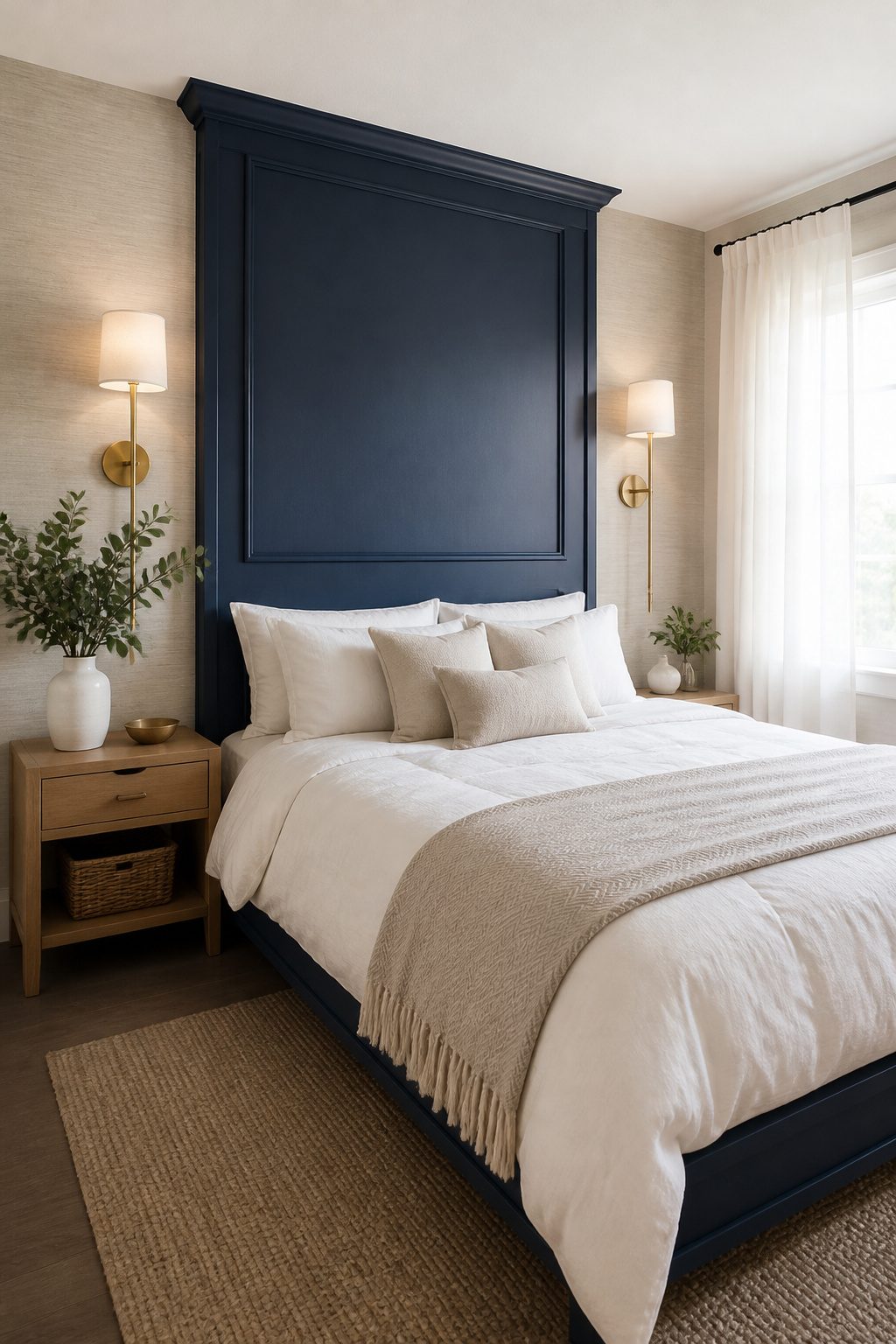 A large piece of art above the bed in a small bedroom.