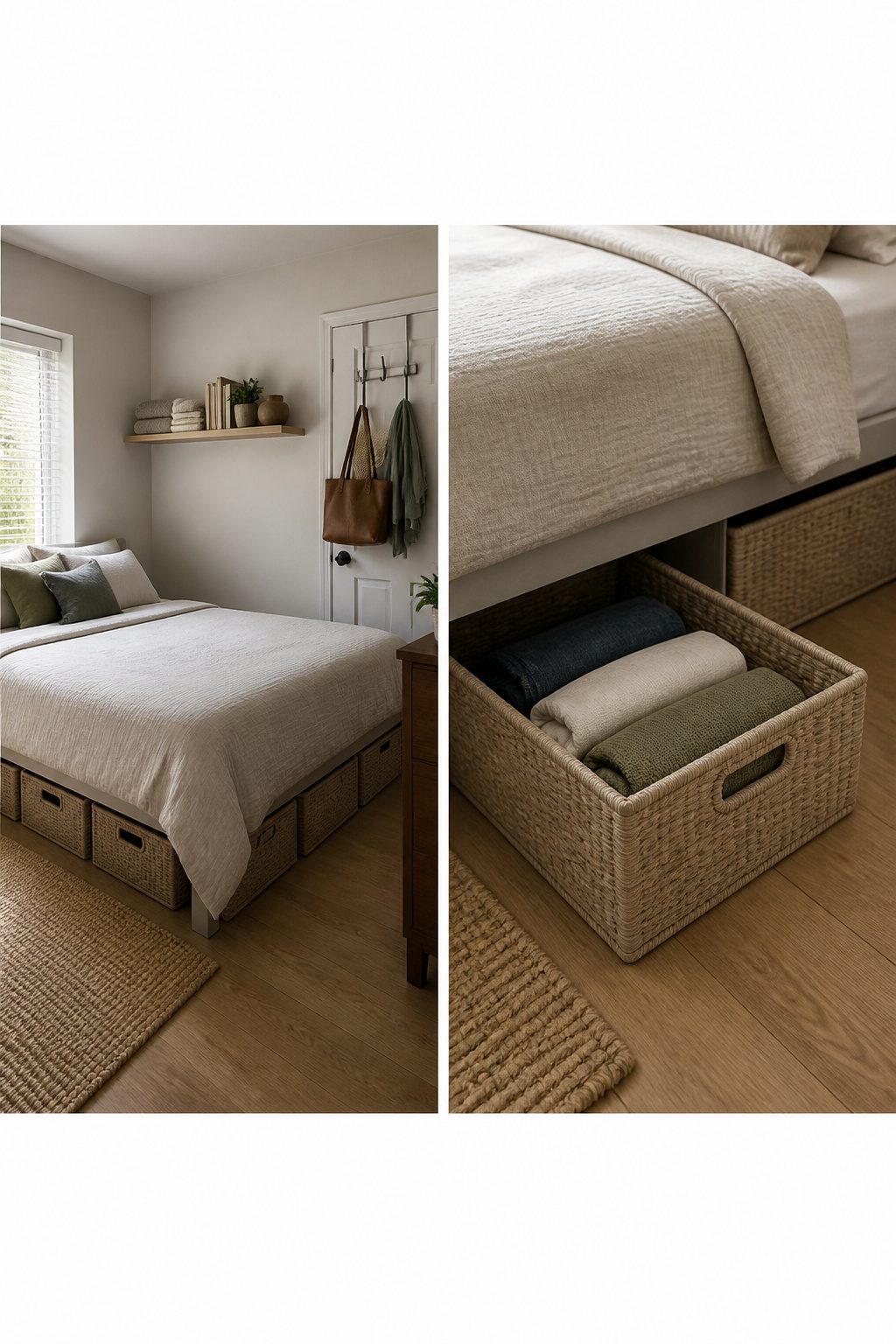 Bins under the bed for storage in a small bedroom.