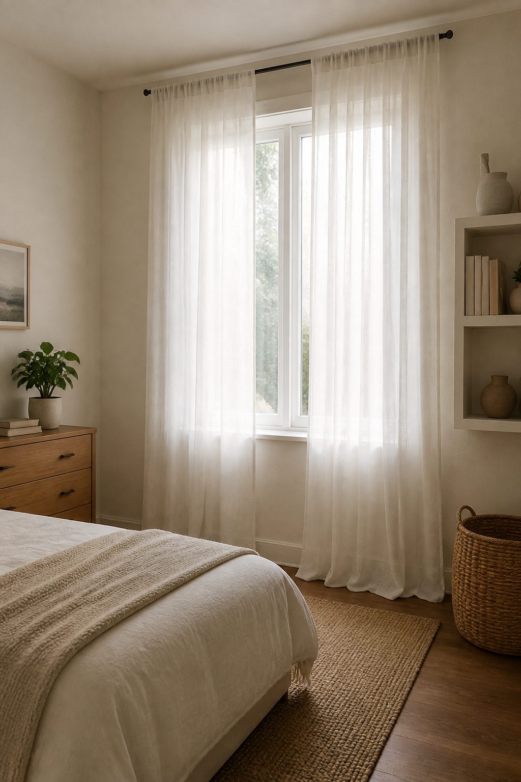 Soft sheer curtains frame a window in a small bedroom.