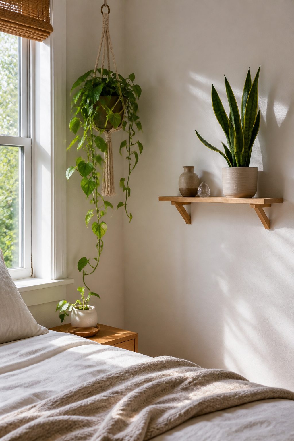 A snake plant on a floating shelf in a small bedroom.
