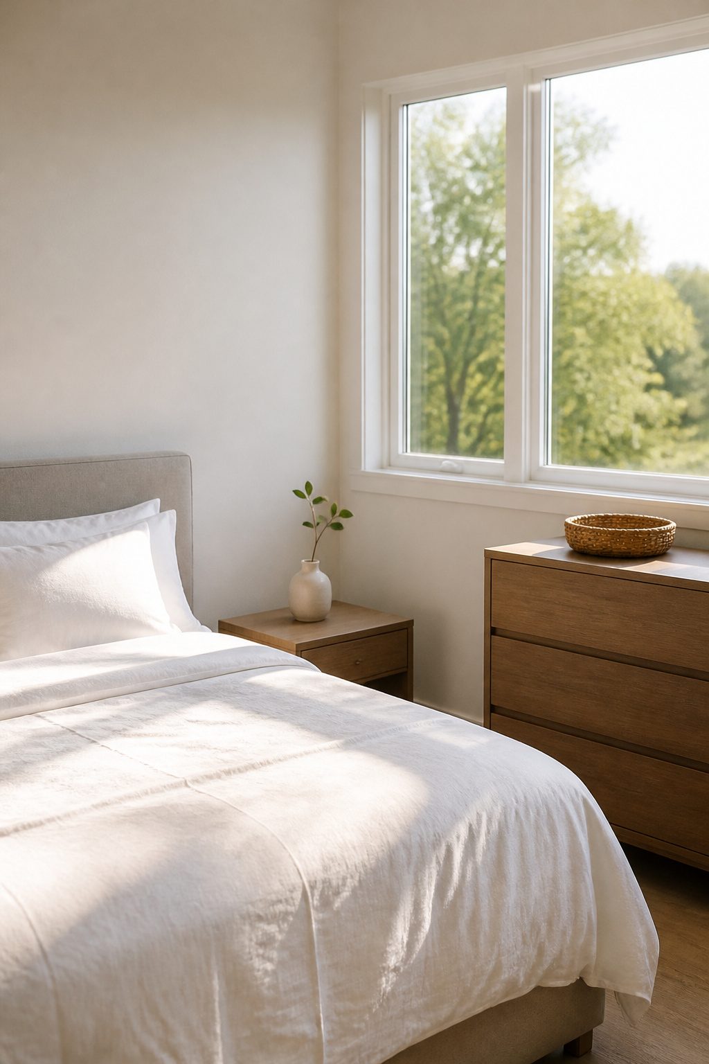A nightstand with one decorative item in a small bedroom.