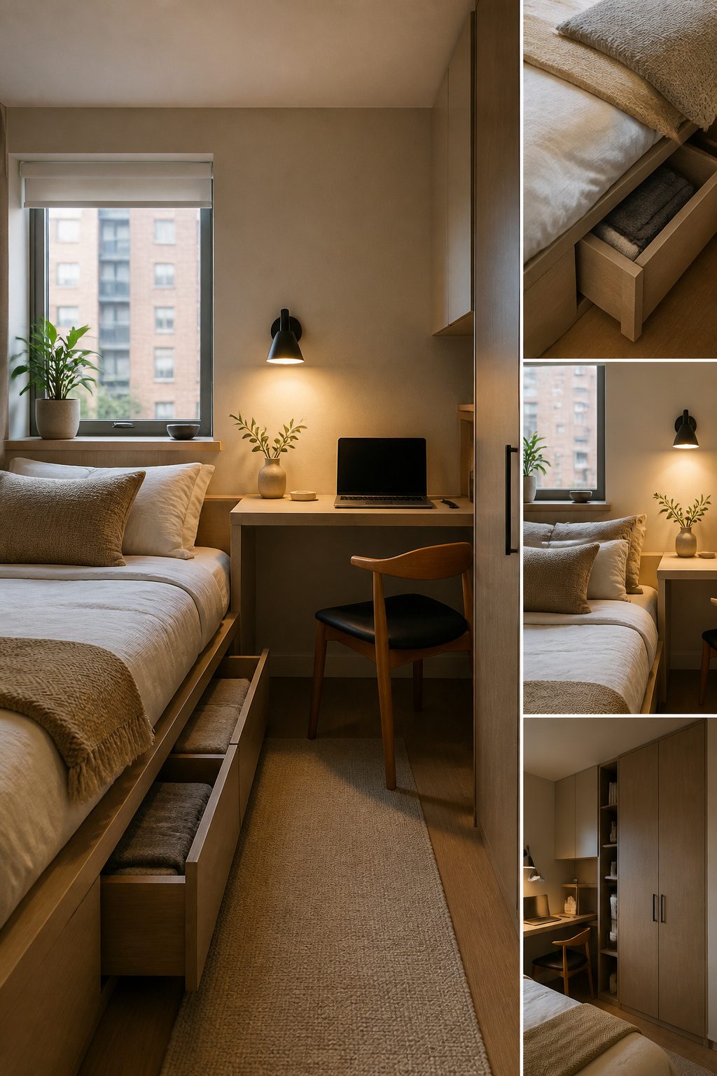 A bed with built-in drawers in a small bedroom.