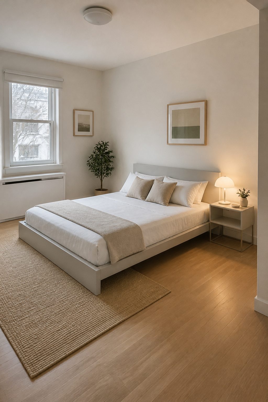 A low-profile bed and a small nightstand in a small bedroom.