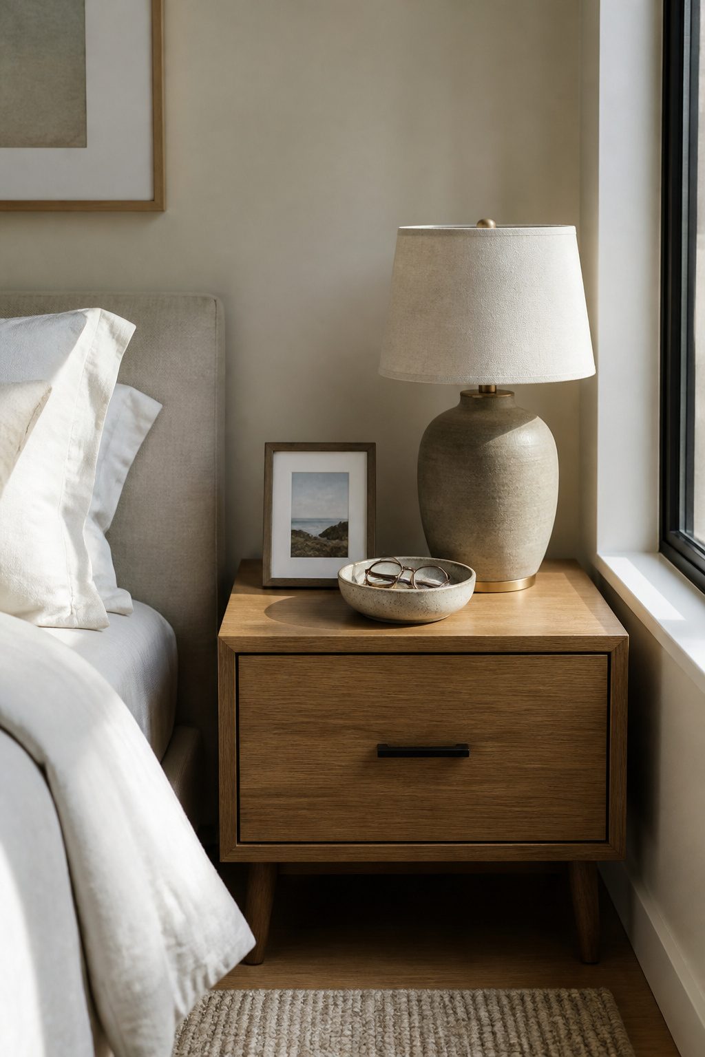 A framed photo and a bowl on a nightstand in a small bedroom.