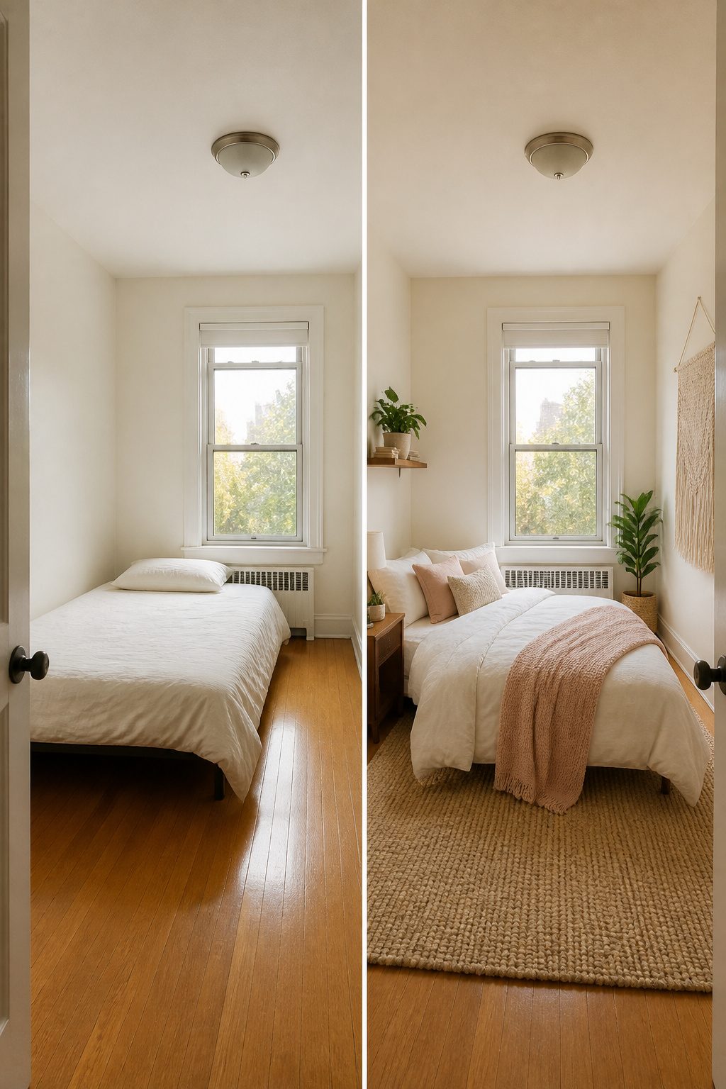 A small bedroom with off-white walls and bright decor.