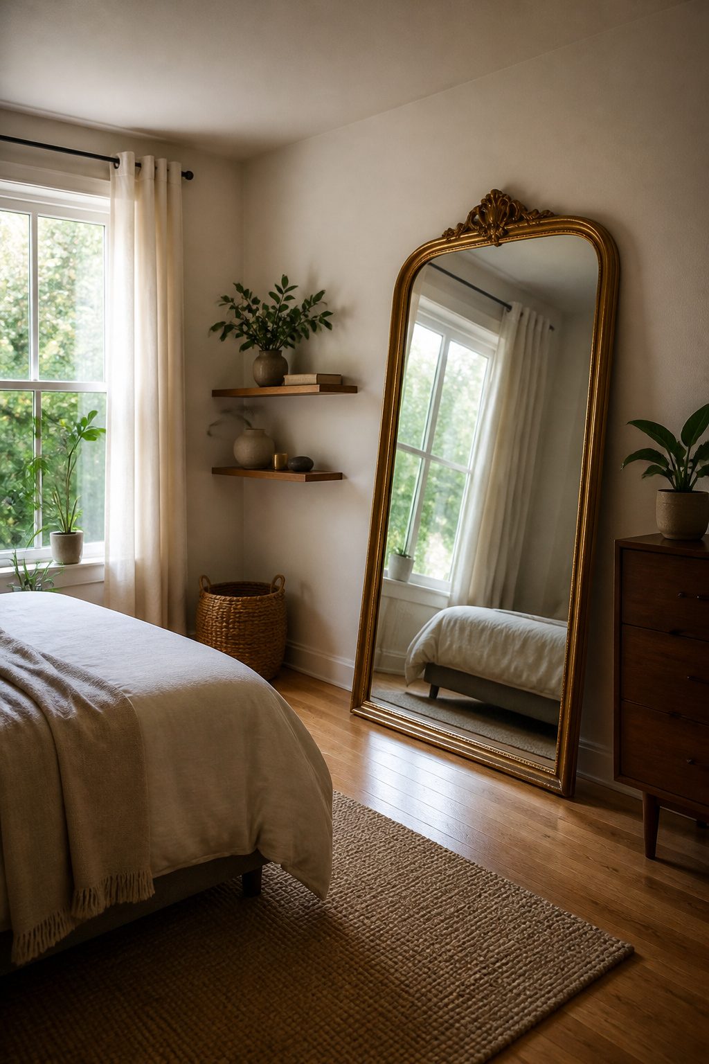 A mirror opposite a window in a small bedroom.