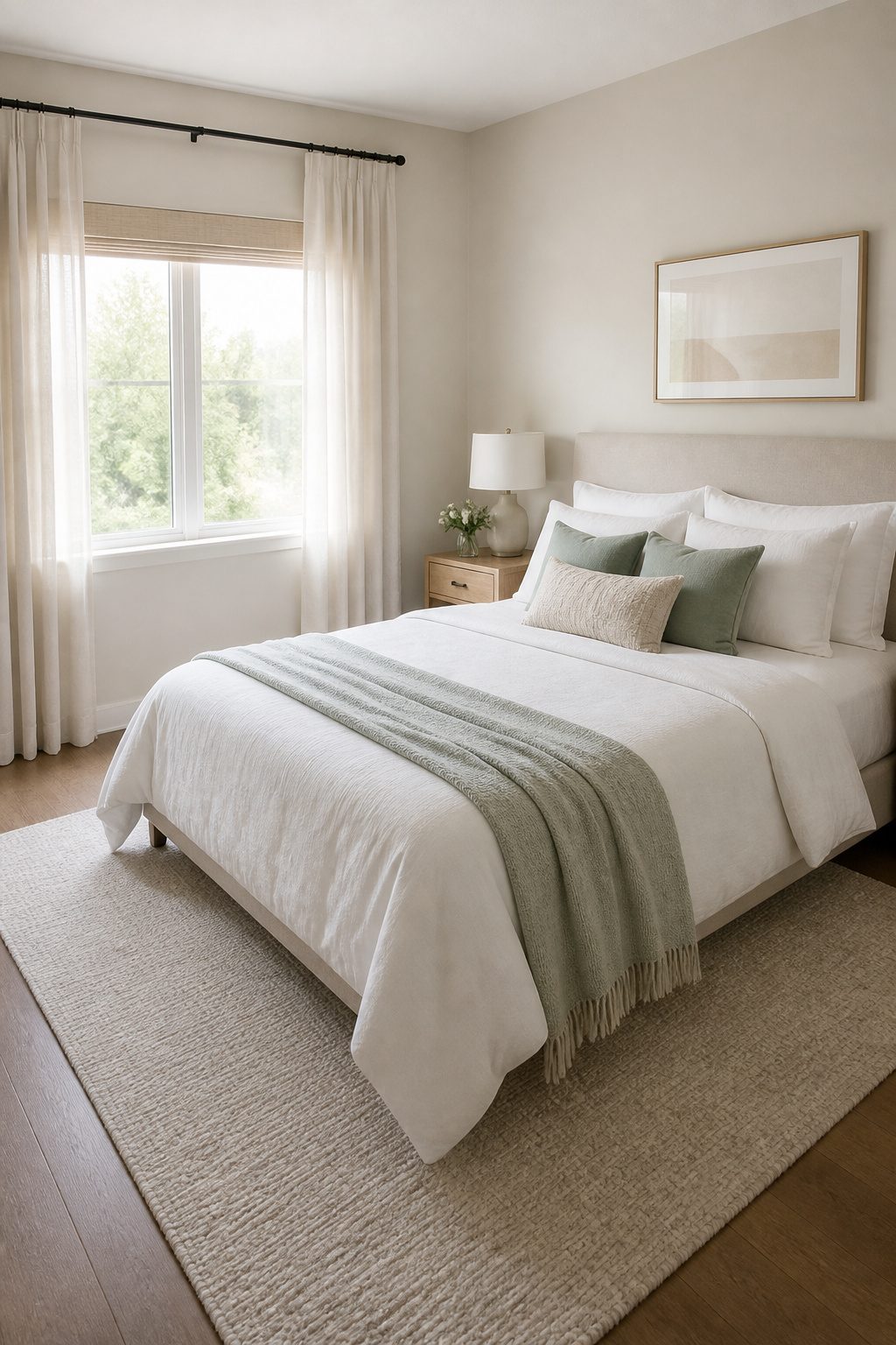 A small bedroom with soft neutral colors on the walls.