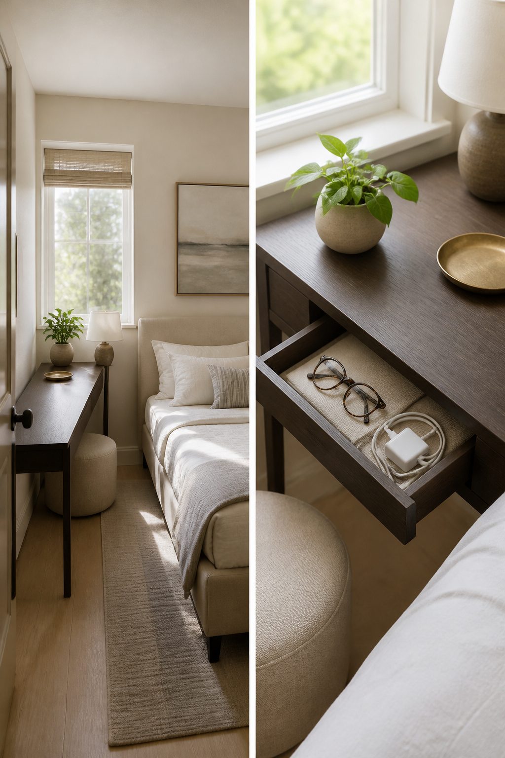 A small desk next to a bed, serving as a nightstand.