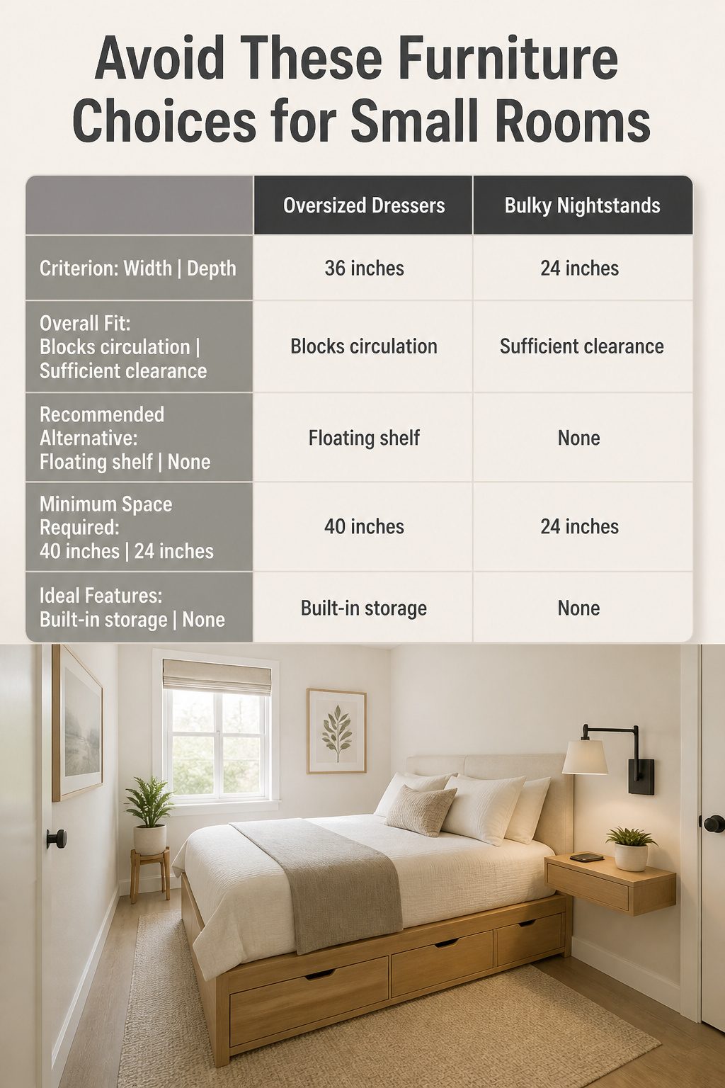 An illustration showing furniture choices to avoid in small rooms.