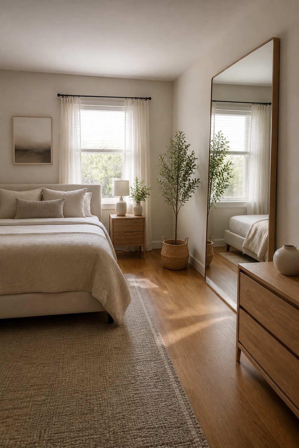 A large mirror reflecting light in a small bedroom.