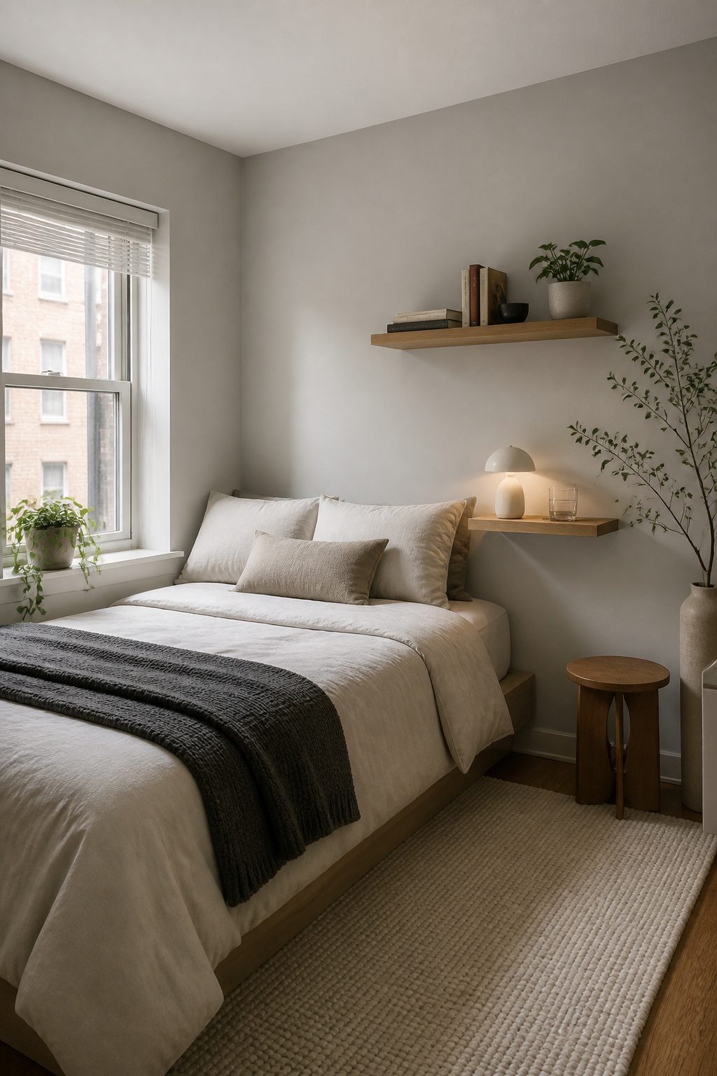 Floating shelves mounted on the wall in a small bedroom.