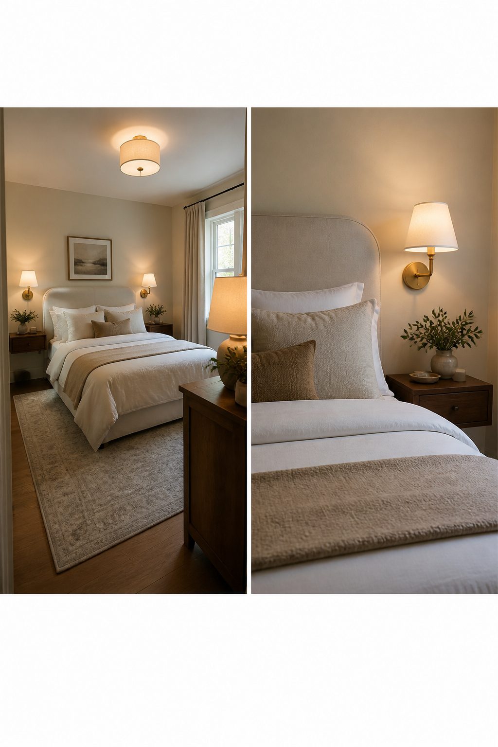 Various light sources in a small bedroom for a warm effect.