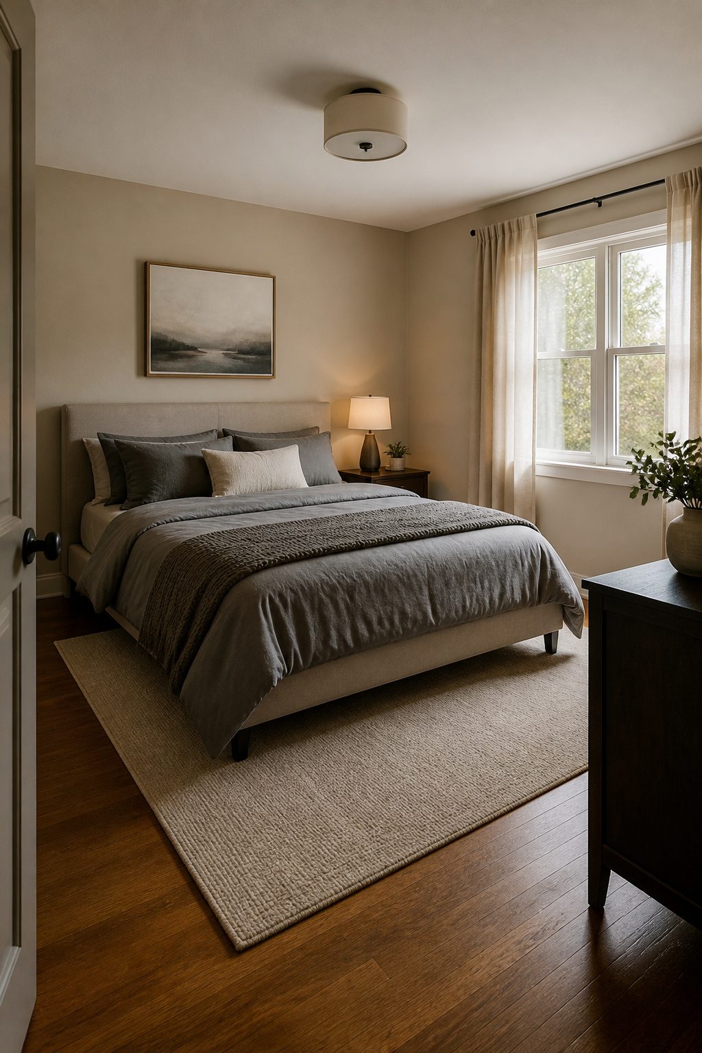 A queen bed positioned against a long wall in a small bedroom.