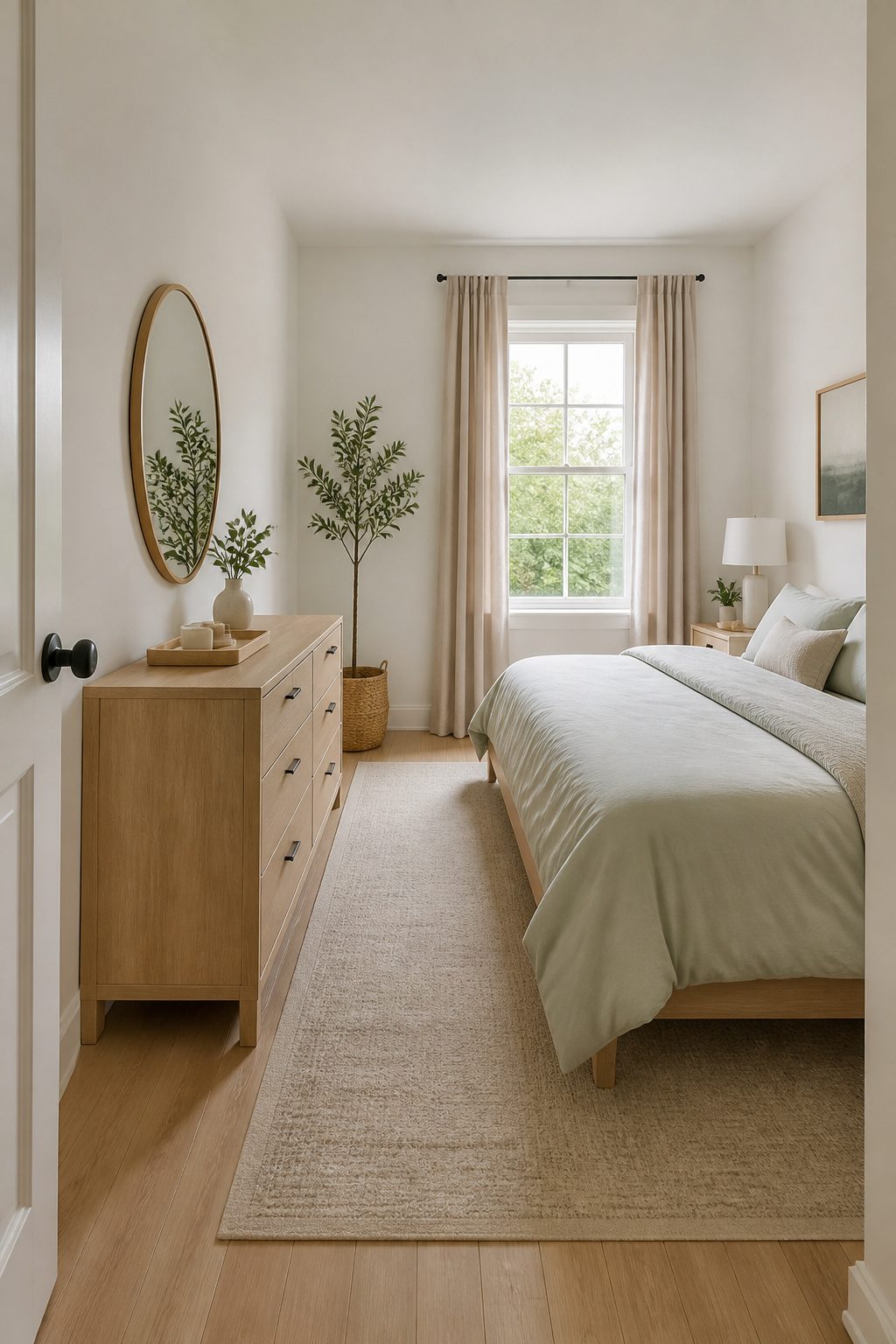 A dresser positioned directly across from the bed in a small room.