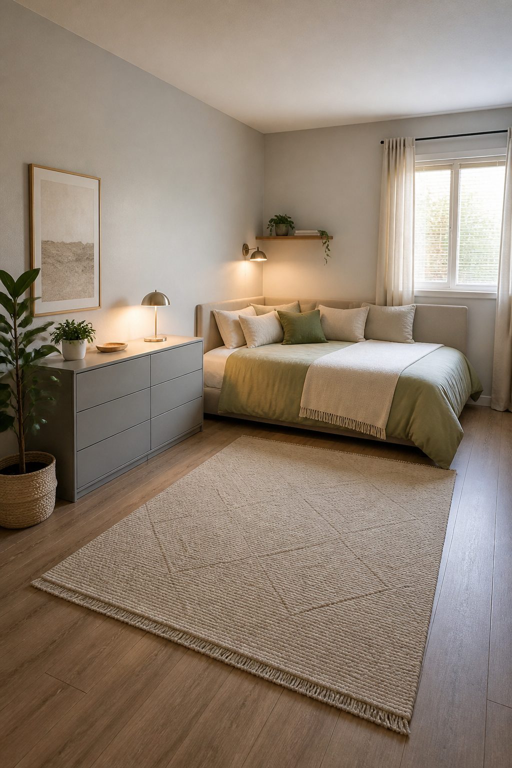 A bed tucked into a corner of a small bedroom with clear space.