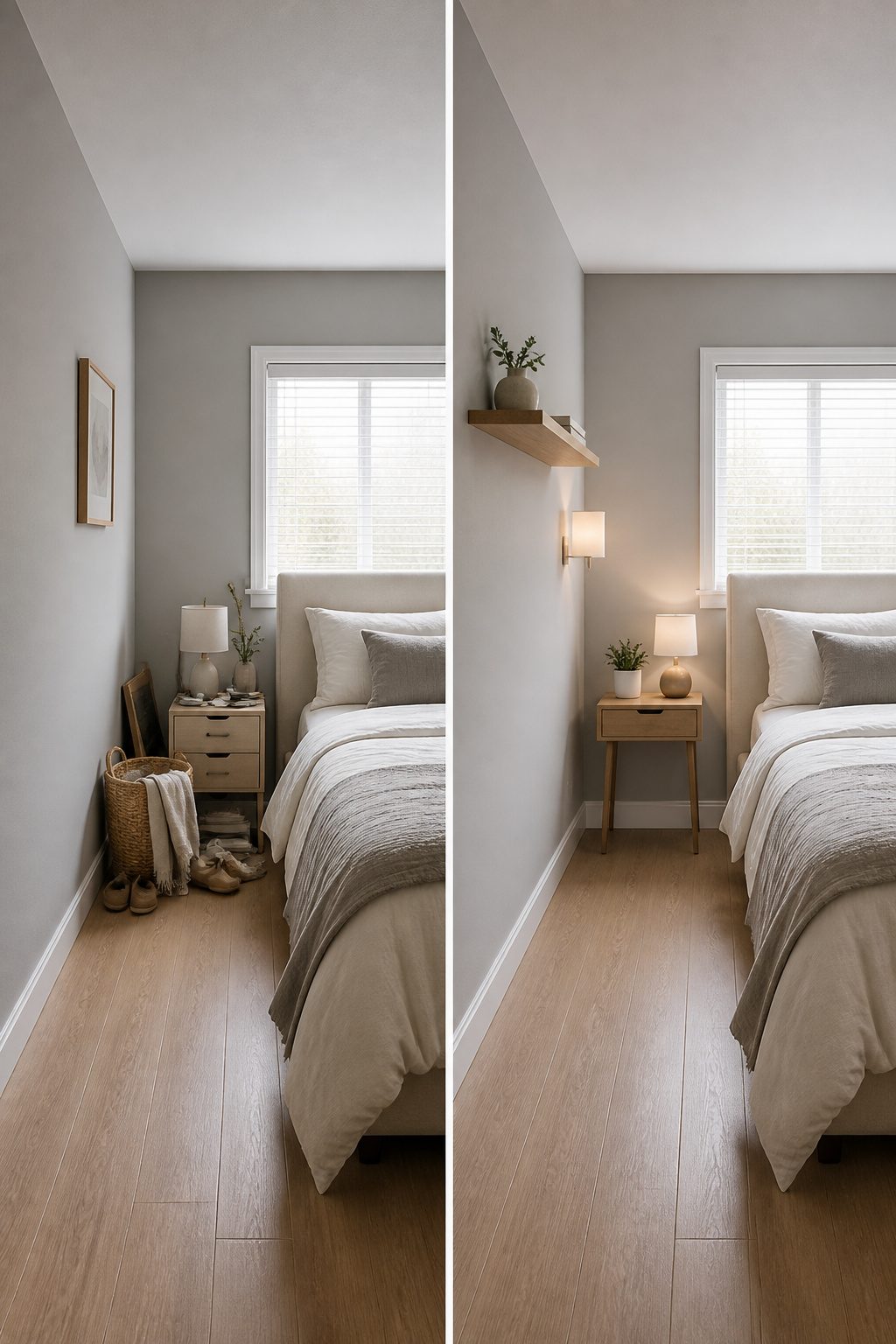 A single nightstand beside a bed in a small bedroom layout.