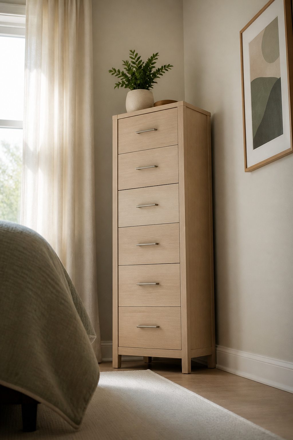A tall, narrow dresser in a small bedroom for efficient storage.