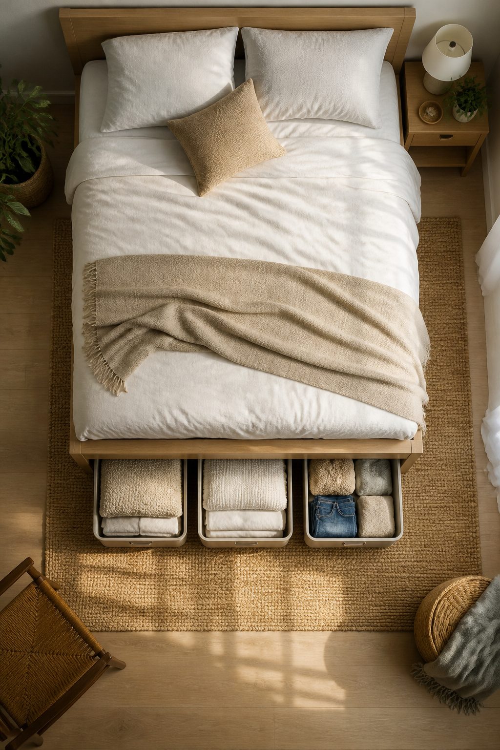 Storage bins placed under a bed in a small bedroom.