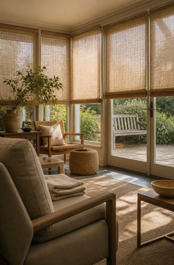 Natural-fiber shades covering sunroom windows and a glass door