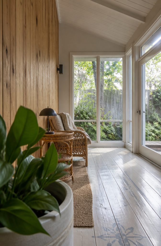 Pecky cypress wall paneling beside white walls and tall windows