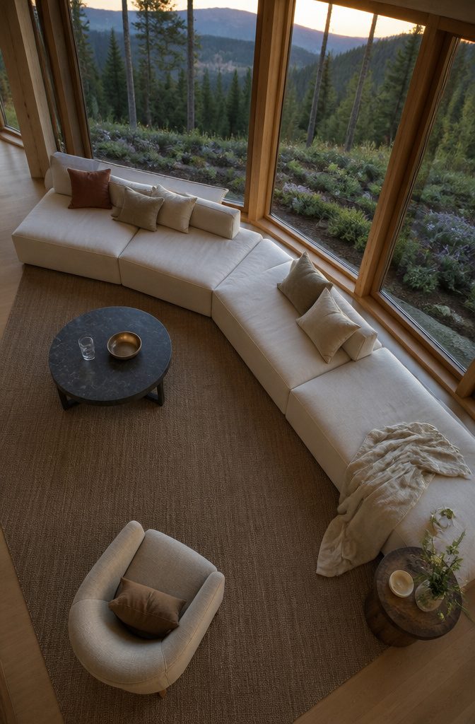 Low sectional arranged along sunroom windows with a clear garden view