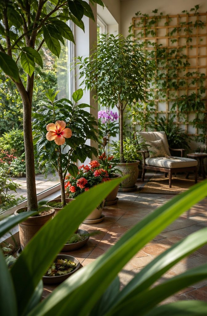 Potted indoor trees arranged along the sunroom windows