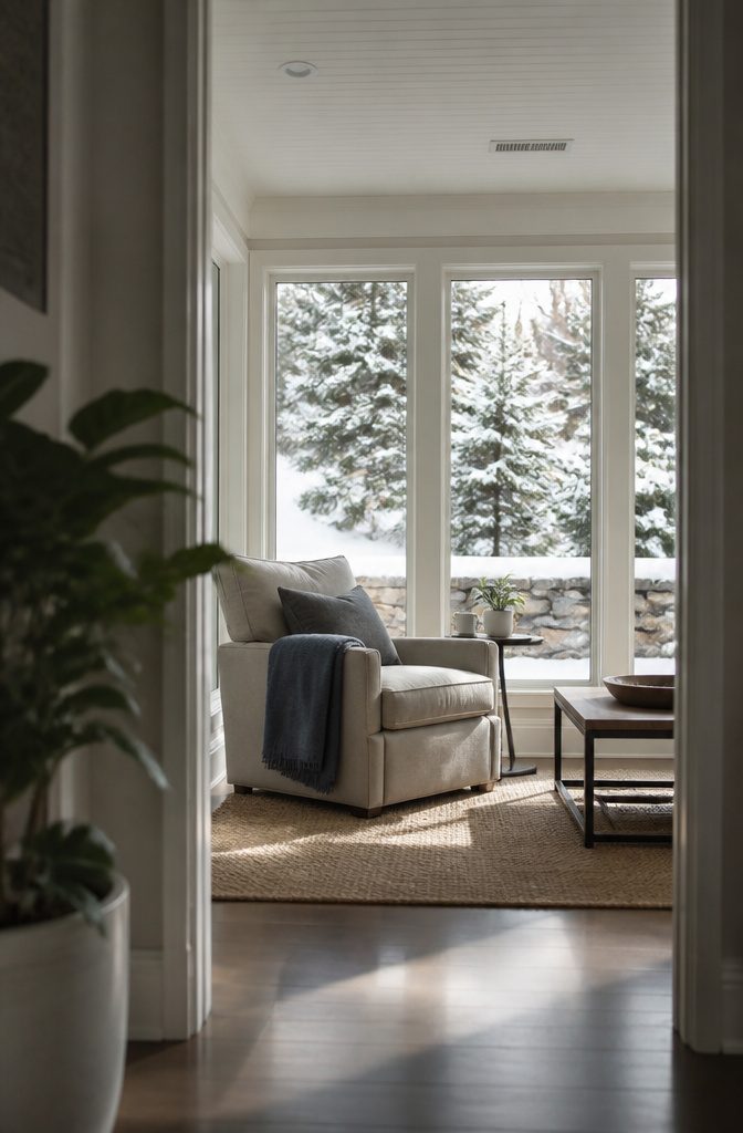 Upholstered chair and woven rug beside an insulated window wall