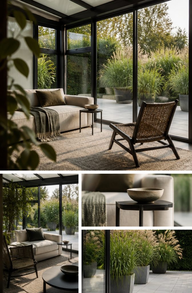 Woven sunroom seating with warm earth-tone textiles