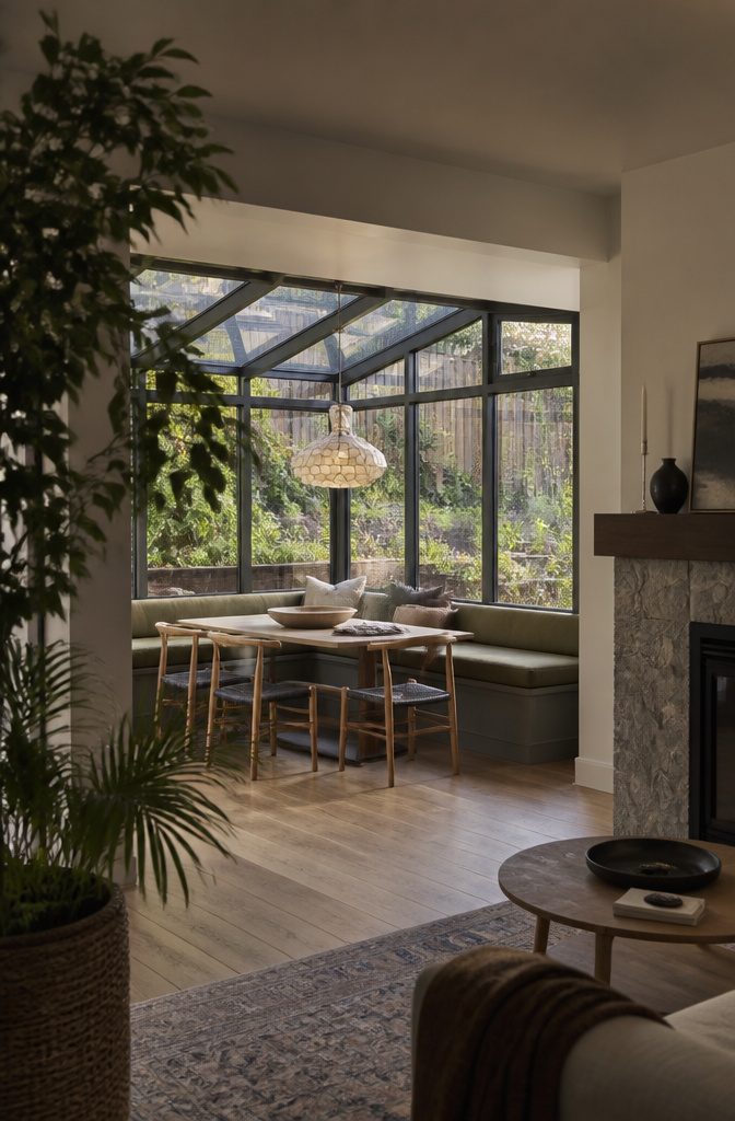 Built-in window banquette with a dining table and shell pendant light