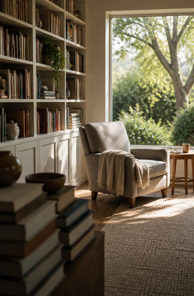 Reading chair beside floor-to-ceiling shelves in a bright sunroom