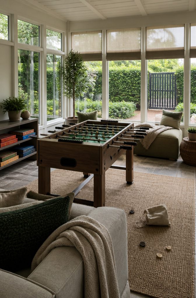 Wooden foosball table surrounded by low sunroom seating