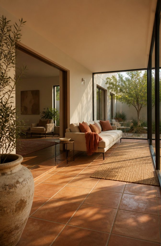 Sunroom with a clean-lined sofa and colors matching the adjoining living room