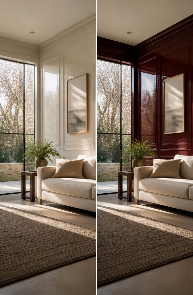 Glossy oxblood sunroom walls reflecting light from tall windows
