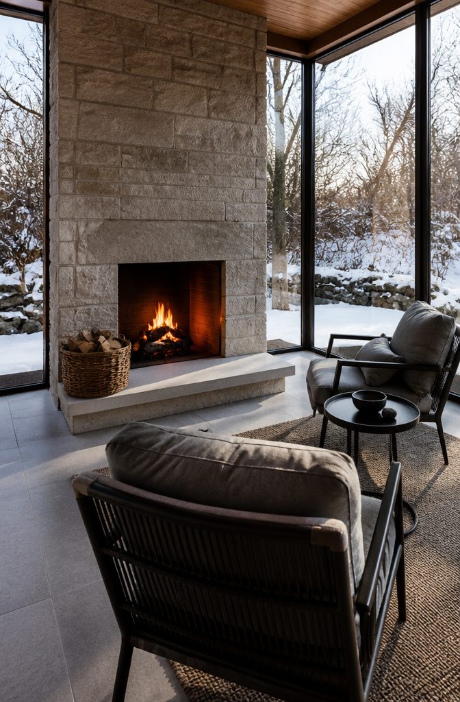Stone fireplace set among the sunroom’s glass walls
