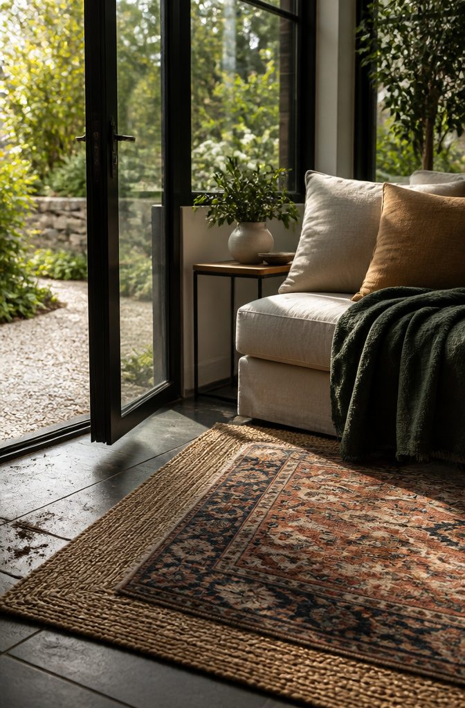 Patterned washable rug layered over jute beneath sofa pillows and a velvet throw