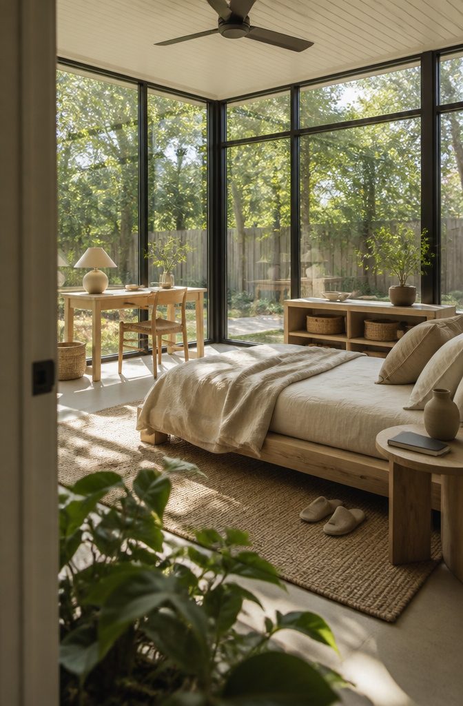 Pale linen daybed and compact desk beside sunroom windows