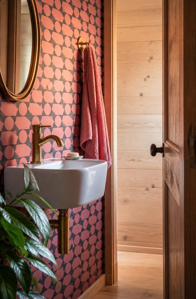 Small bathroom with vivid wall color, patterned wallpaper, and matching towels