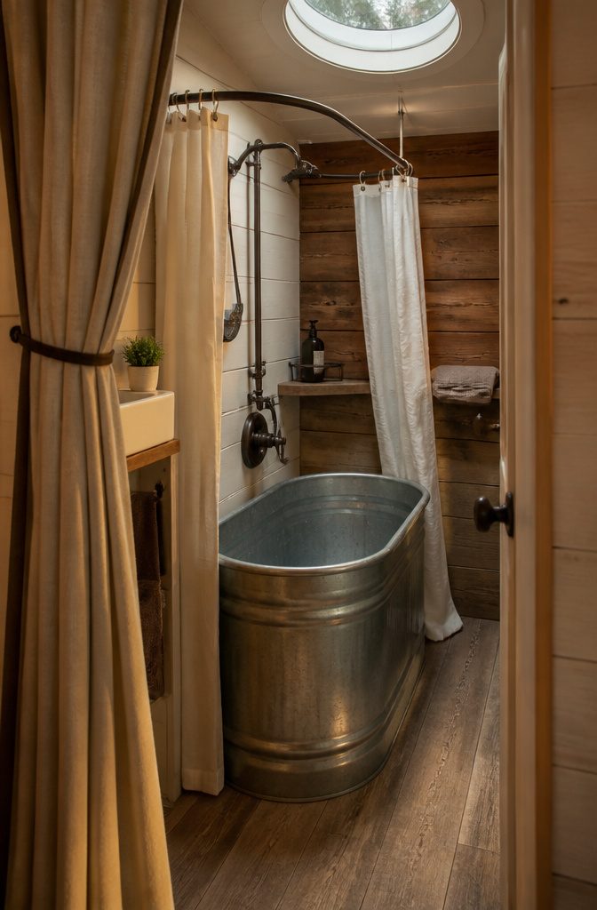 Small tub fitted with a shower curtain and handheld shower head