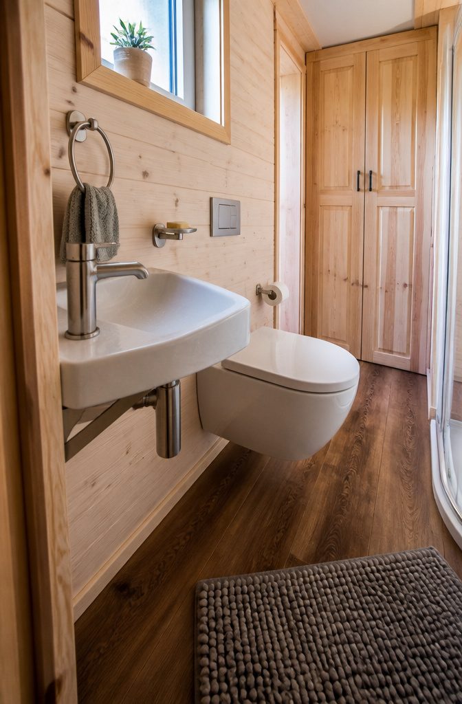Tiny bathroom with a corner sink and wall-hung toilet