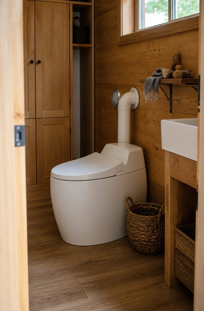 Composting toilet in a tiny bathroom with a simple surrounding interior