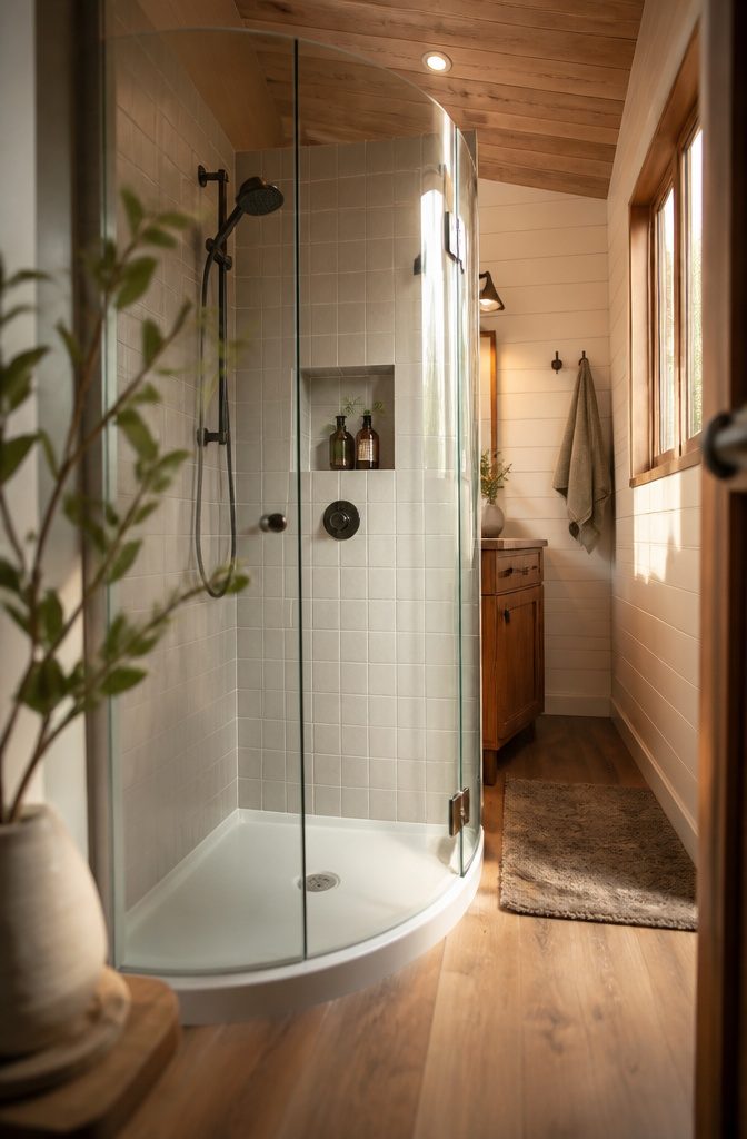 Corner shower with a curved clear glass enclosure and compact footprint