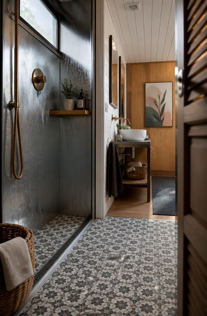 Wet room with patterned quarry tile, galvanized steel wall, and timber shelf