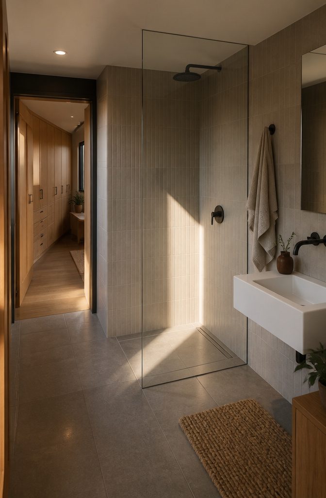 Open shower with a frameless glass partition, linear drain, and wall-hung sink